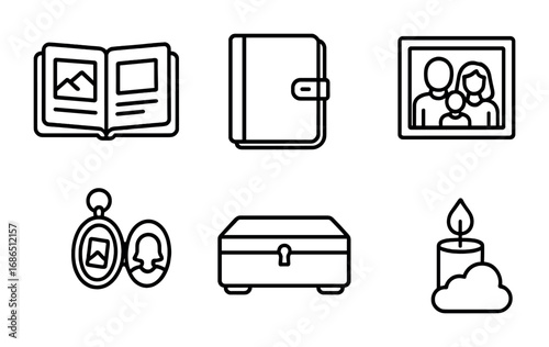 Cherished Memories Icons. Outline icon set of cherished memories: photo album, diary, old letter, family