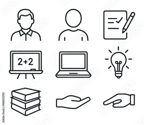 Peer Tutoring Icons. Outline icon set of peer tutoring online: mentor avatar, student figure, shared notes,