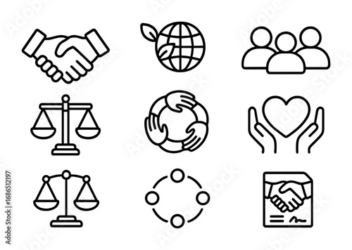 CSR Icon Set. Outline icon set of corporate social responsibility: handshake, globe with leaves, donation box,