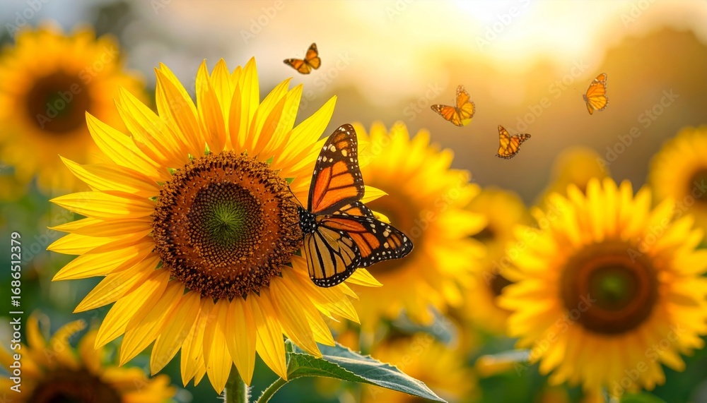 Fototapeta premium Beautiful Sunflowers and Butterflies in a Bright Summer Field