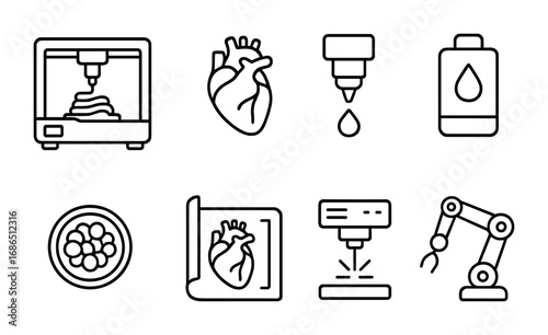 Bioprinting Icons Grid. Outline icon set of bioprinting technology: 3D printer, organ model, nozzle head, ink