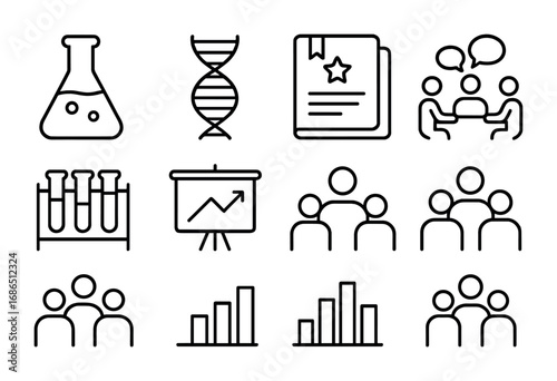 Research Icons Grid. Outline icon set of joint research projects: lab flask, DNA strand, research notebook,