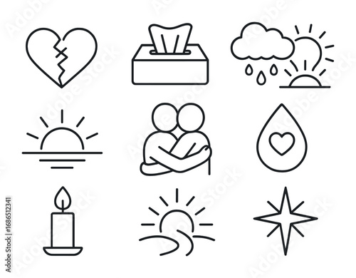 Icons of Emotional Healing. Outline icon set of overcoming sadness: broken heart mending, tissue box, rain