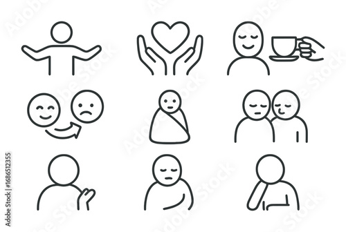 Emotional Support Icons. Outline icon set of emotional support: open arms, heart in hands, caring face, shared