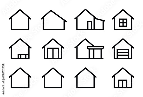 Home Extension Icons. Outline icon set of home extensions: house outline, roofline, extra room, window