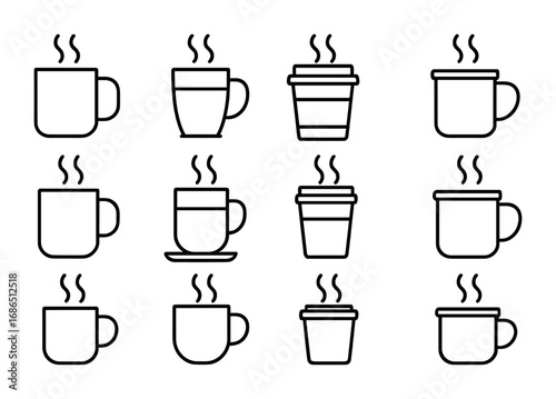 Hot Chocolate Mugs Icons. Outline icon set of Hot chocolate mugs: ceramic mug, glass mug, travel cup, enamel