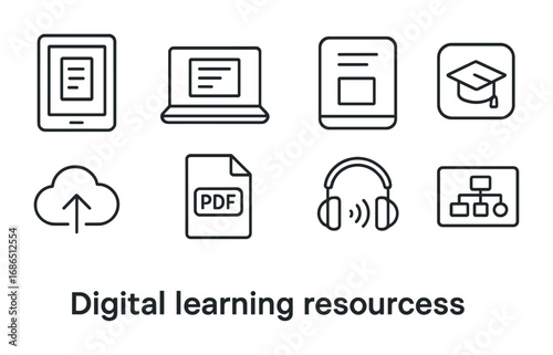 Digital Learning Icons. Outline icon set of Digital learning resources: tablet, laptop, e-reader, educational