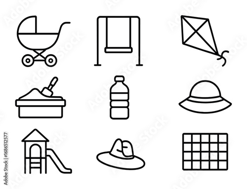 Outdoor Babysitting Icons. Outline icon set of Outdoor babysitting: stroller, swing, sandbox, kite, water