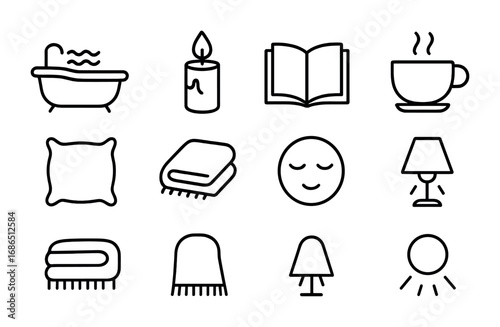 Evening Relaxation Icons. Outline icon set of Evening relaxation routine: bath, candle, book, cup of tea, soft