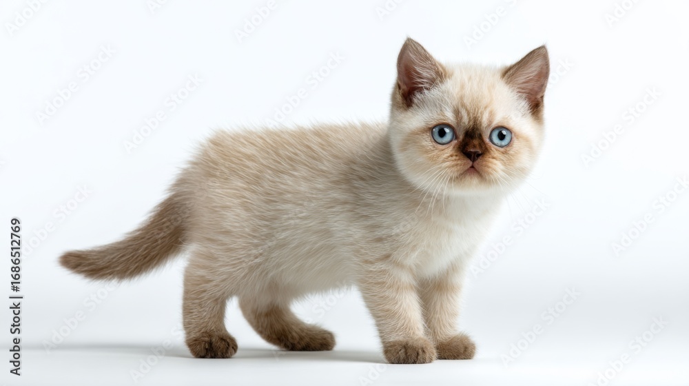 Fototapeta premium Small beige kitten with blue eyes stands on a white surface looking at the camera