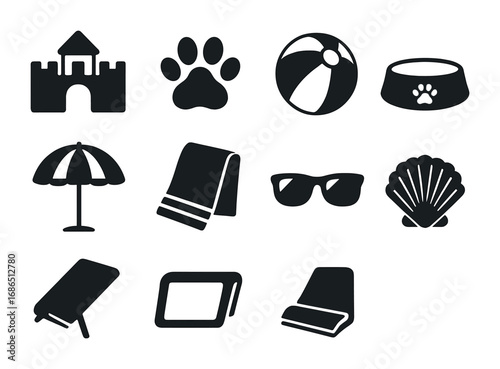 Beach Trip Icons. icon set of Beach trips with pets: sandcastle, paw print, beach ball, water bowl, umbrella,