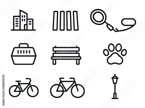 Urban Pet Icon Set. Outline icon set of Urban pet adventures: city skyline, crosswalk, leash, pet carrier,