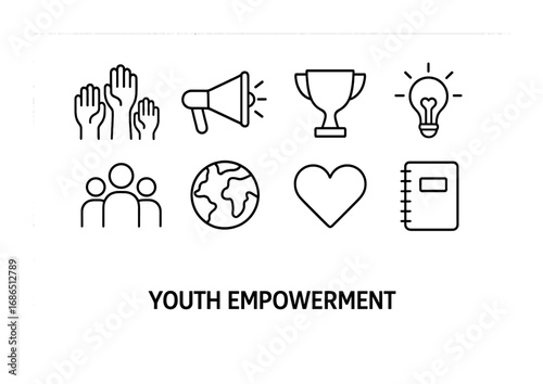 Youth Empowerment Icons. Outline icon set of Youth empowerment: raised hands, megaphone, trophy, light bulb,