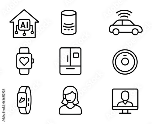 Everyday AI Icon Set. Outline icon set of AI in everyday life: smart home, voice assistant, autonomous car,