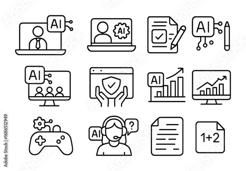 AI Education Icons. Outline icon set of AI in education: online tutor, adaptive learning, quiz generator,