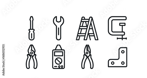Tool Icon Set. Outline icon set of Setup and maintenance tools: screwdriver, wrench, ladder, clamp, pliers,