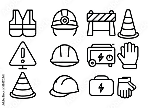 Nighttime Construction Icons. Outline icon set of Nighttime construction work: reflective vest, helmet with