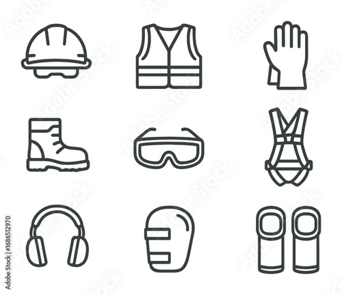Worker Safety Icons. Outline icon set of Worker safety under lights: helmet, reflective vest, gloves, safety