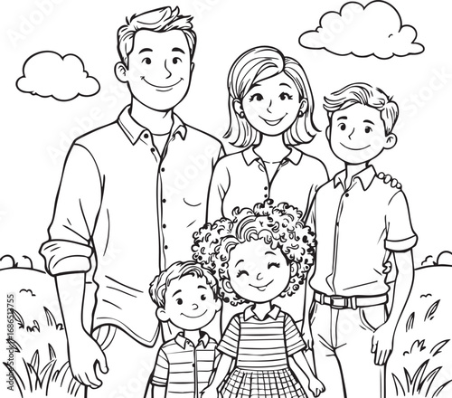 Black and white vector of smiling family outdoors with parents and children perfect for lifestyle, parenting, and community designs