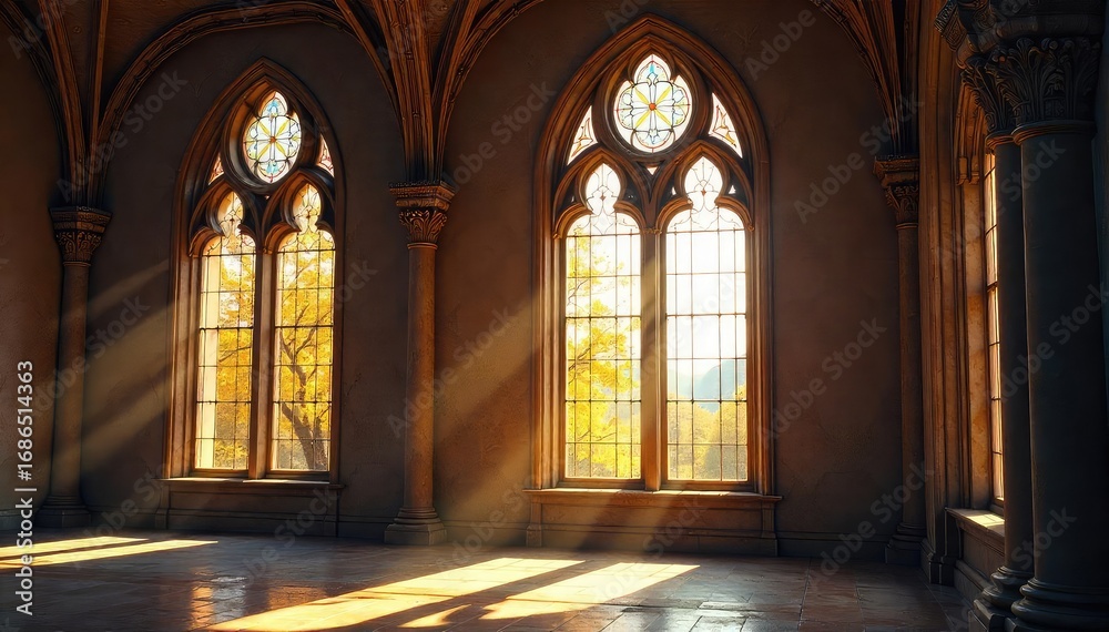 Obraz premium Sunlight Streams Through Stained Glass Angel Windows, Illuminating a Serene Interior Space. Perfect for religious, spiritual, or home decor projects.