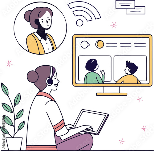 Modern online classroom concept with digital learning elements and diverse students interacting