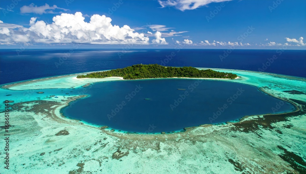 Obraz premium Aerial View of a Lush Green Atoll Surrounded by a Vibrant Turquoise Lagoon