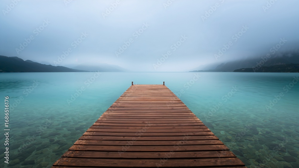 Obraz premium A serene and minimalist landscape of a long wooden dock leading into a calm, clear turquoise lake, with the far shore obscured by thick fog and mist