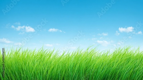 Vibrant green grass blades occupy the lower portion against a serene blue sky with few clouds