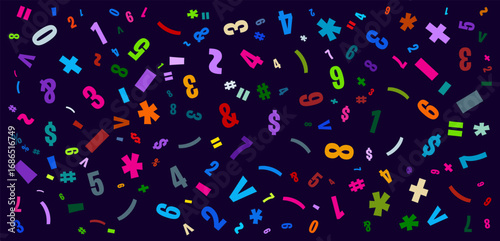 Colorful math symbols and numbers floating in a dark space, creating a fun educational background