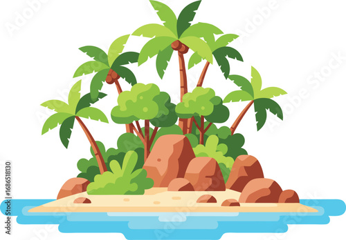 Tropical Island with Palm Trees and Rocks Illustration