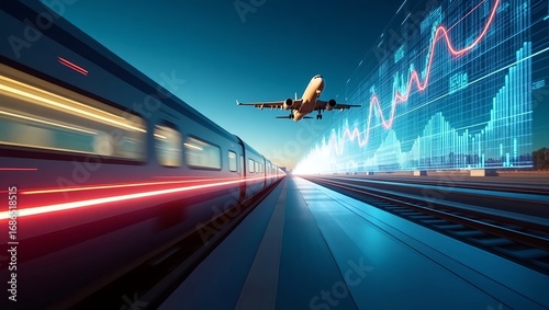 Futuristic business concept with high-speed train in motion blur, airplane taking off, glowing financial graphs, data light trails, cinematic daylight perspective, ultra-detailed premium marketing sty