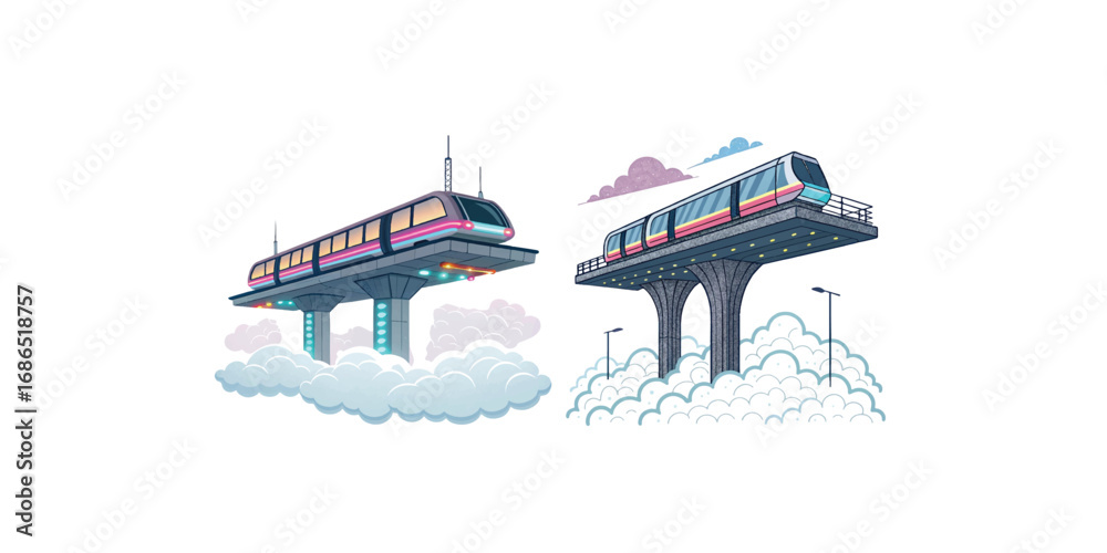 Naklejka premium Print Vector illustration of futuristic floating train station above the clouds with neon lighting accents, minimal clean background