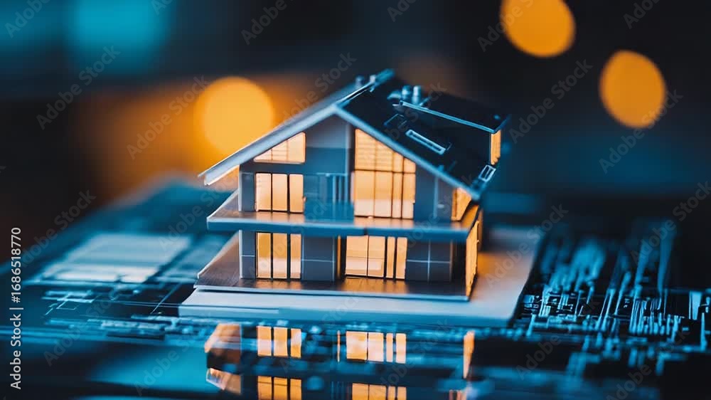 Illuminated model house resting on blueprint displaying futuristic design