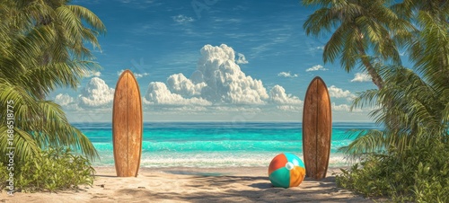The surfboards ready for adventure by a tropical beach paradise.