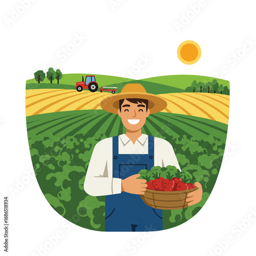 A happy male farmer is joyfully harvesting fresh produce in a vibrant green field, with a tractor in the distance and rolling hills, depicted in a clean 2D flat vector illustration style.