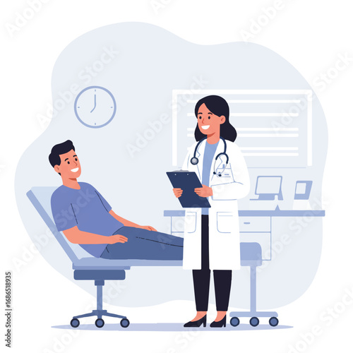 Smiling female doctor in a white coat with a stethoscope and clipboard consults a patient in a clean, simplified 2D flat vector illustration set against a white background.