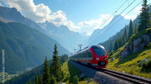 A sleek modern train racing through alpine mountains, sharp curves, tunnels, and lush valleys, sunlight highlighting the metallic surface, conveying speed, engineering, and travel
