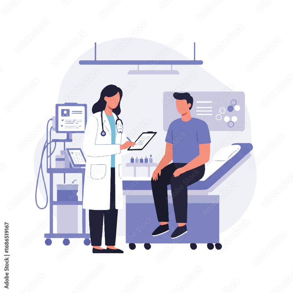 Fototapeta premium Professional flat 2D vector illustration depicts a female doctor in a white coat consulting a male patient on an examination bed within a clean, modern medical clinic.