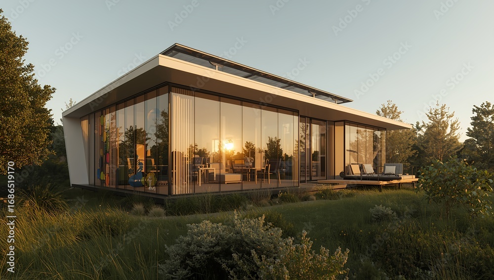 Fototapeta premium Futuristic eco-friendly house made from recycled glass and plastic, modern minimalistic architecture with smooth geometric lines, large transparent glass walls with colorful recycled panels