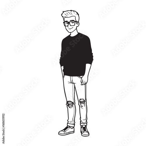 Handsome Man Black and White Illustration Vector Image Male Portrait Fashion Sketch Line Art Design