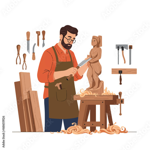 A male artisan meticulously crafts a wooden sculpture in a simplified 2D flat vector workshop illustration, focused on his detailed work amidst essential tools and wood shavings.
