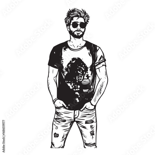 Handsome Man Black and White Illustration Vector Image Male Portrait Fashion Sketch Line Art Design