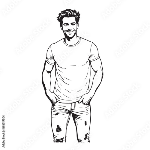 Handsome Man Black and White Illustration Vector Image Male Portrait Fashion Sketch Line Art Design