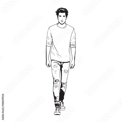 Handsome Man Black and White Illustration Vector Image Male Portrait Fashion Sketch Line Art Design