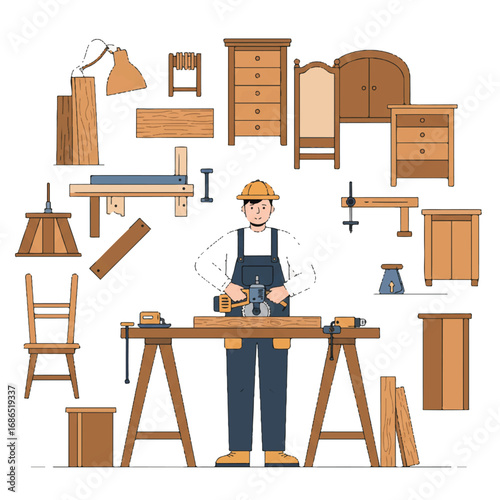 Flat 2D vector depicts a male carpenter cutting wood with power tools in a workshop, surrounded by woodworking equipment and finished furniture, on a white background.