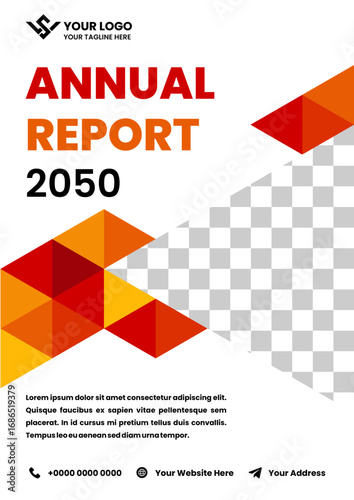 Annual report cover design with abstract geometric shapes and triangular frames