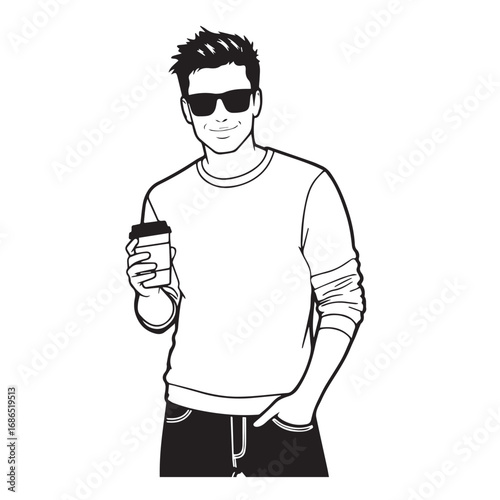 Handsome Man Black and White Illustration Vector Image Male Portrait Fashion Sketch Line Art Design