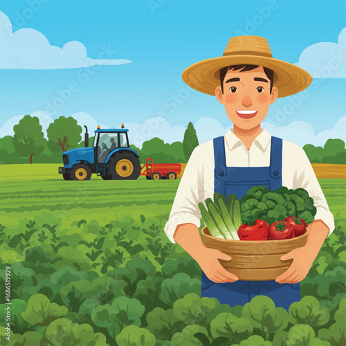 A joyful male farmer harvests fresh, vibrant vegetables in a lush green field under a clear blue sky, with a distant tractor, depicted in a simplified 2D flat vector style.