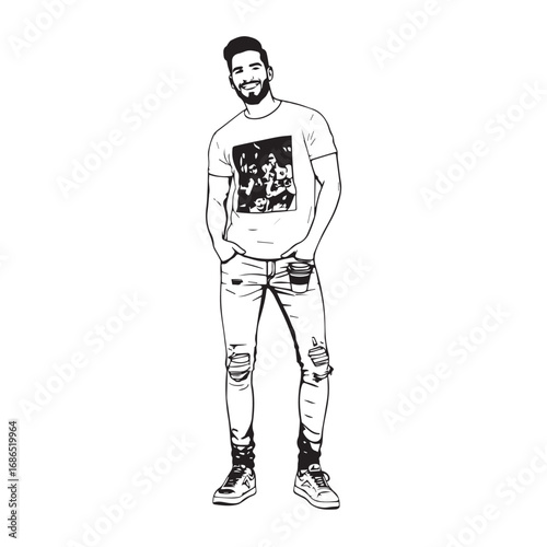 Handsome Man Black and White Illustration Vector Image Male Portrait Fashion Sketch Line Art Design