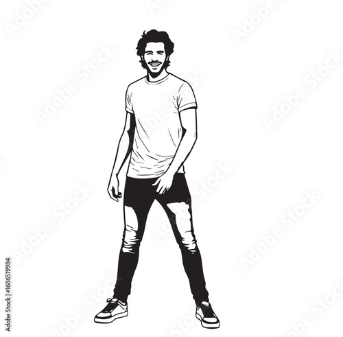 Handsome Man Black and White Illustration Vector Image Male Portrait Fashion Sketch Line Art Design